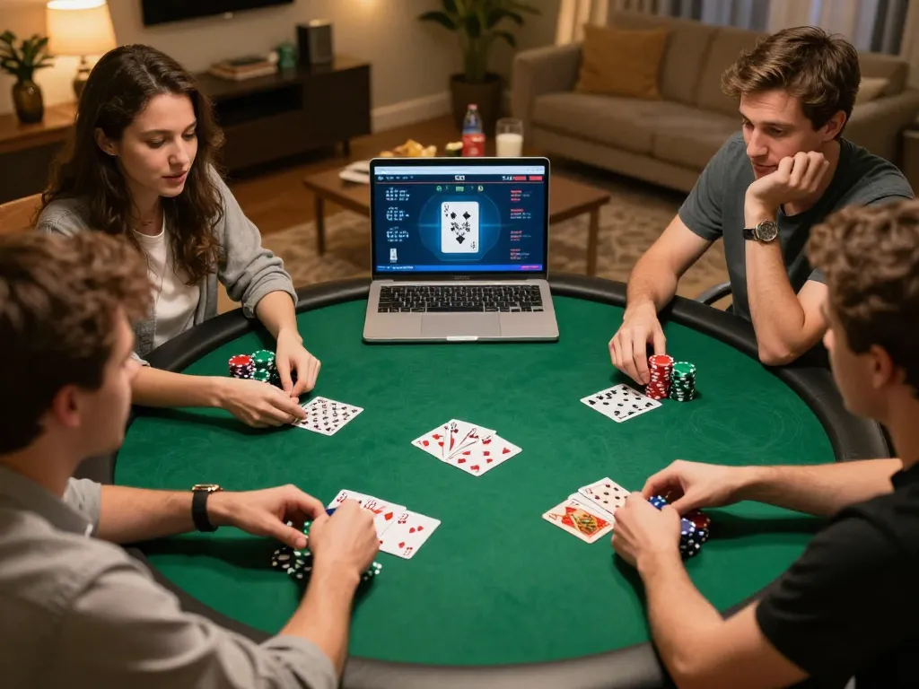 LC88 online poker game captures friends strategizing and raising stakes during a home game night