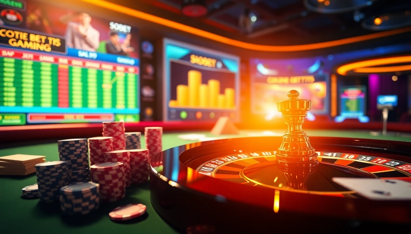 Sbobet link alternatif showcased in a vibrant casino scene with poker chips, cards, and roulette wheel.