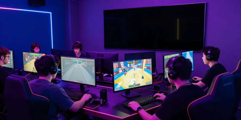 Hitclub gaming arena with players intensely engaged in an exciting gaming experience.