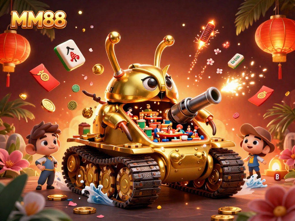 Experience the excitement of MM88 with a vibrant illustration of a miniature casino in an amazing tank.