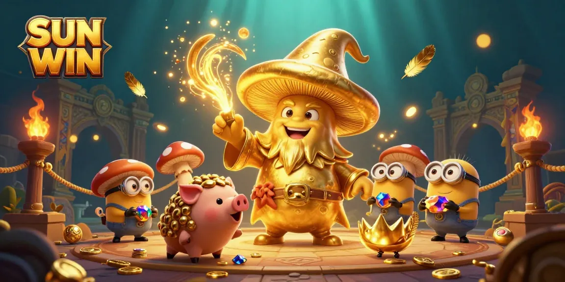 SUN WIN showcases a magical golden mushroom wizard in a dynamic casino scene filled with treasures and game elements.