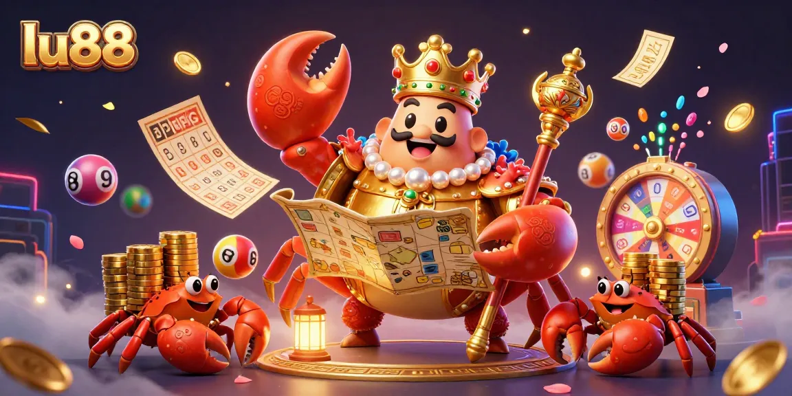 Engage with lu88's exciting gambling experience featuring vibrant lottery elements and a golden crab emperor.