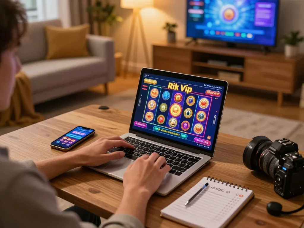 Player engaged in rik vip online casino gaming on a laptop in a cozy home environment