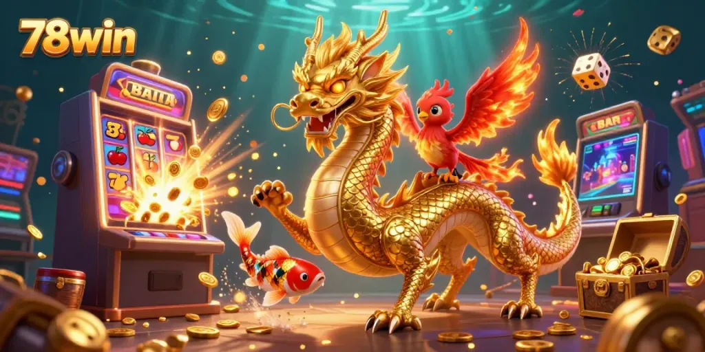 Experience thrilling wins at 78win with vibrant casino elements and magical creatures in a dynamic illustration.