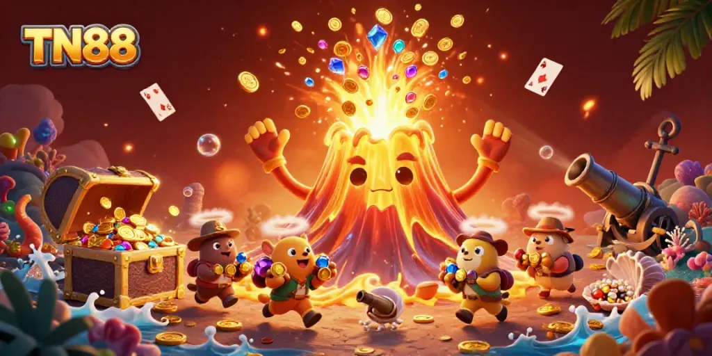 Experience the excitement of TN88 with a golden volcano erupting coins and gems in this vibrant casino illustration.