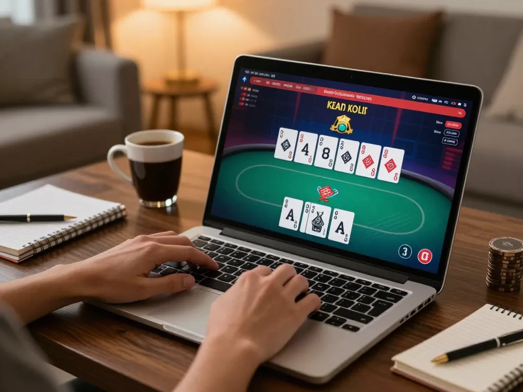 Engaged player using luckywin platform to play poker online with a cozy home setup.