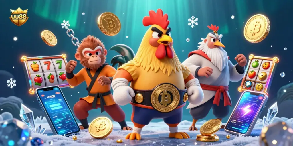 uu88 showcases an exciting 3D casino scene with characters, slot reels, and cryptocurrency elements.