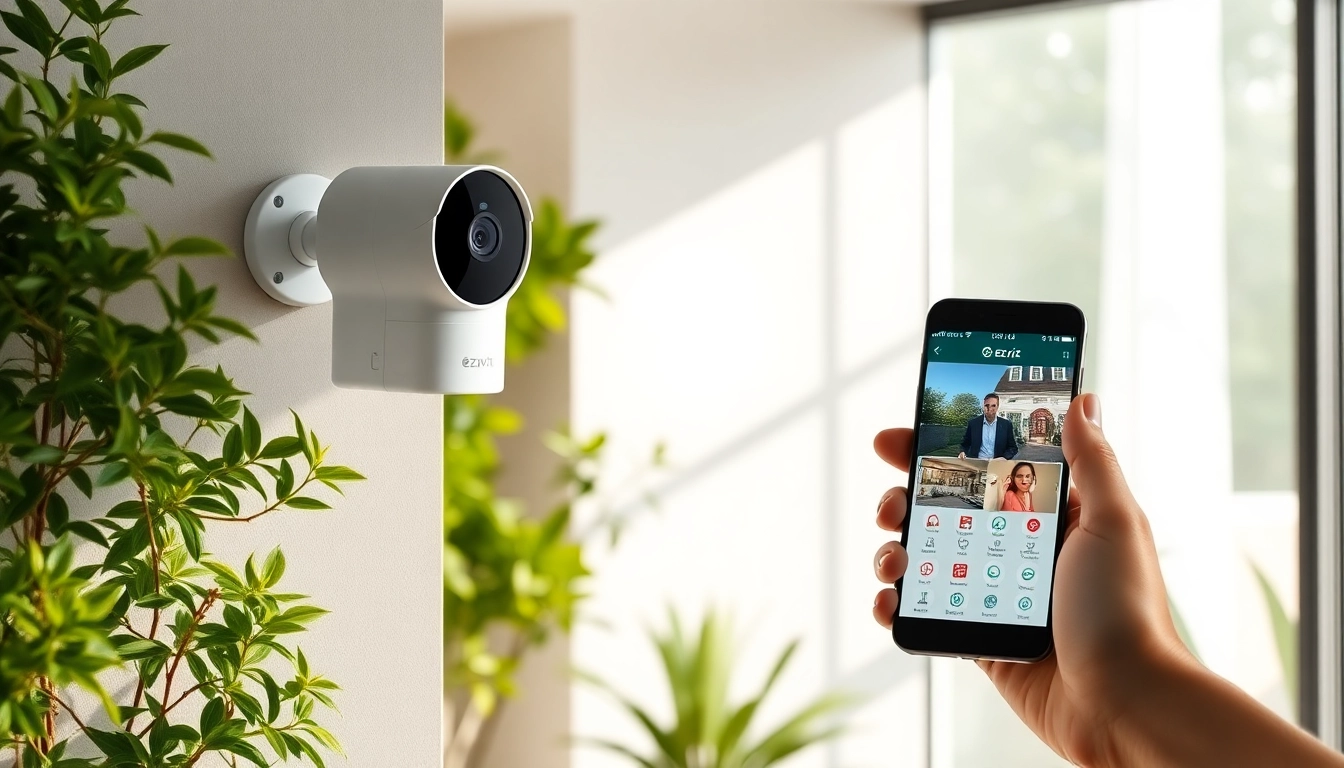 Cámaras Ezviz montadas en un entorno doméstico moderno con interfaz de teléfono inteligente.