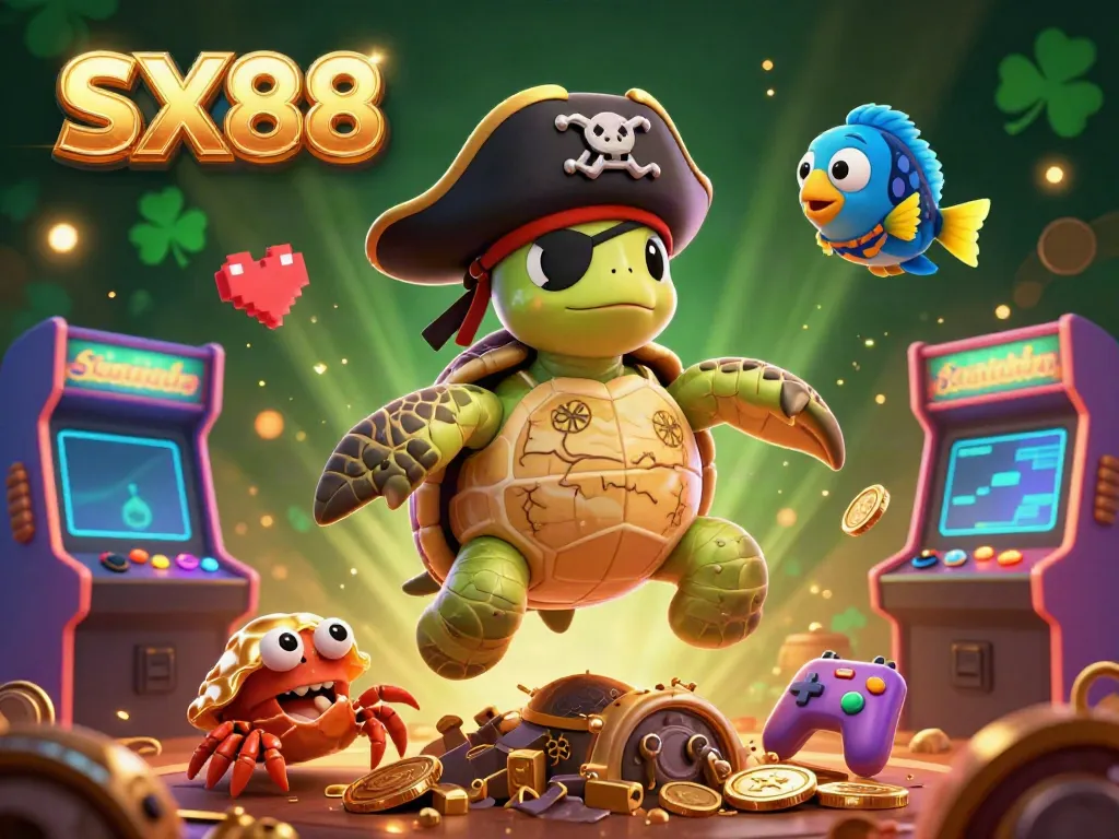 SX88 casino scene with a cartoon pirate turtle, hermit crab, and parrotfish surrounded by vibrant gaming elements.