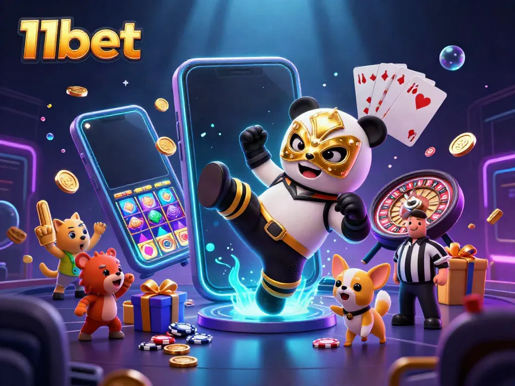 Experience thrilling action at 11bet with a panda wrestler and vibrant casino elements.