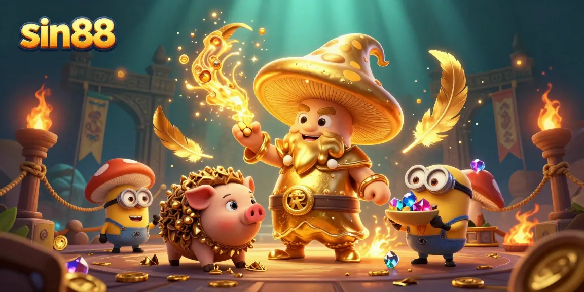 Experience sin88's golden magic with a wizard, truffle pig, and gems in this vibrant casino scene.