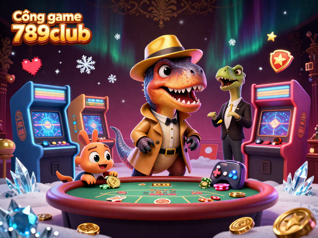 Cổng game 789club showcases exciting gaming action with a crafty velociraptor at a blackjack table amidst colorful elements.