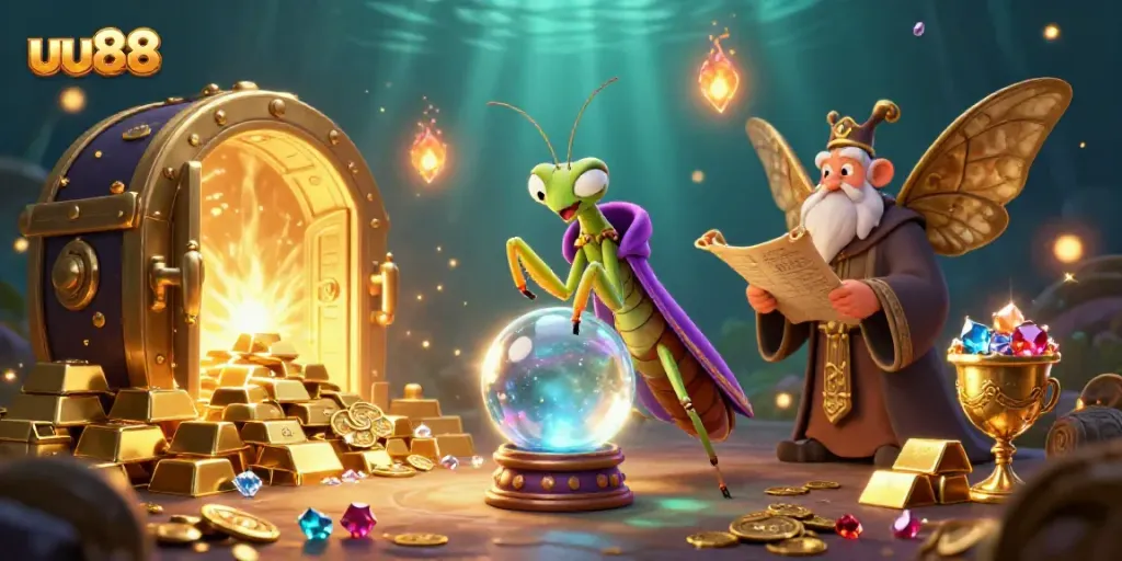 Experience the magic of uu88 with a vibrant animated fortune teller and treasures of online gambling.