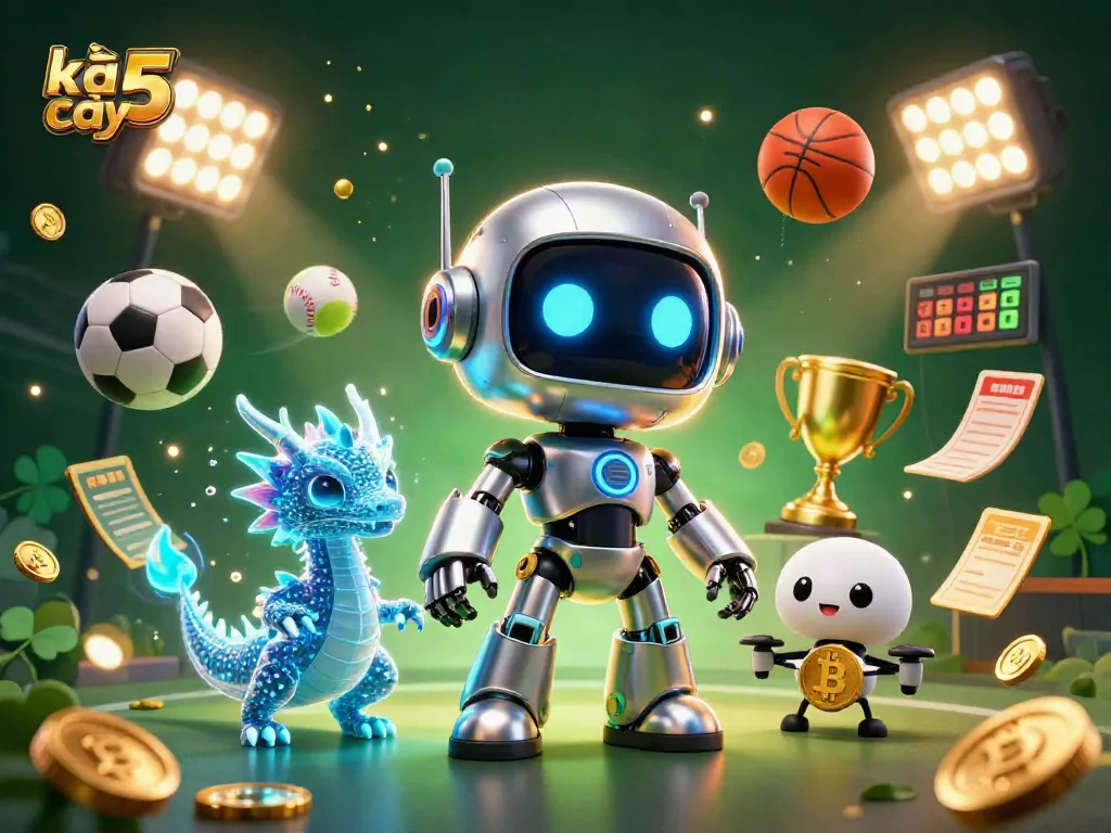 Engage with kèo nhà cái 5 through vibrant sports betting illustration showcasing robot, dragon, and drone.