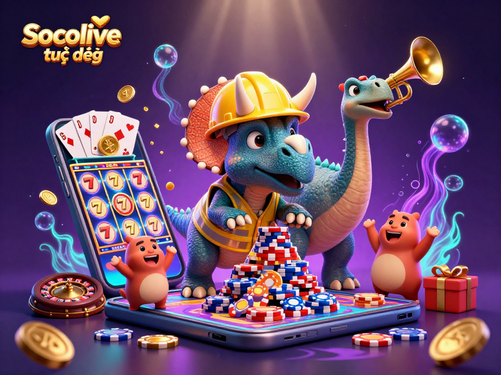 Socolive trực tiếp showcases a lively casino scene with animated characters building poker chip pyramids amidst slot games and roulette wheels.