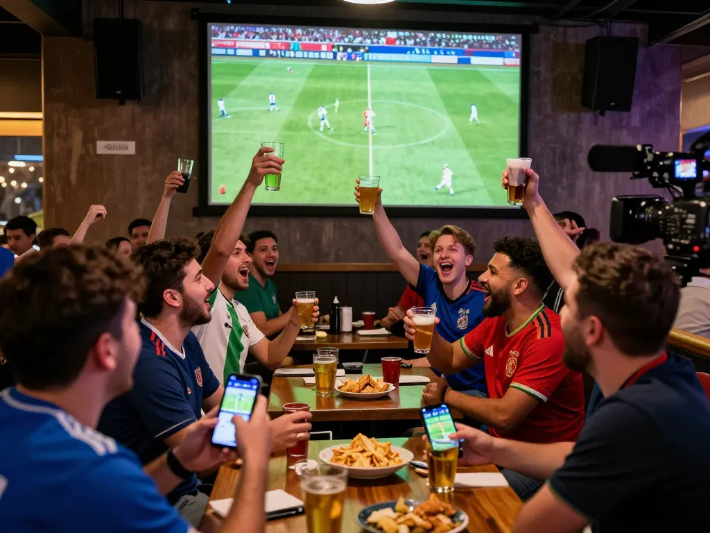 Cheering fans engaging in betting excitement during World Cup 2026.