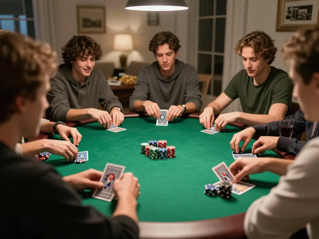 Friends engaging in an exciting poker game at home with chips and cards, showcasing sc88 casino experience