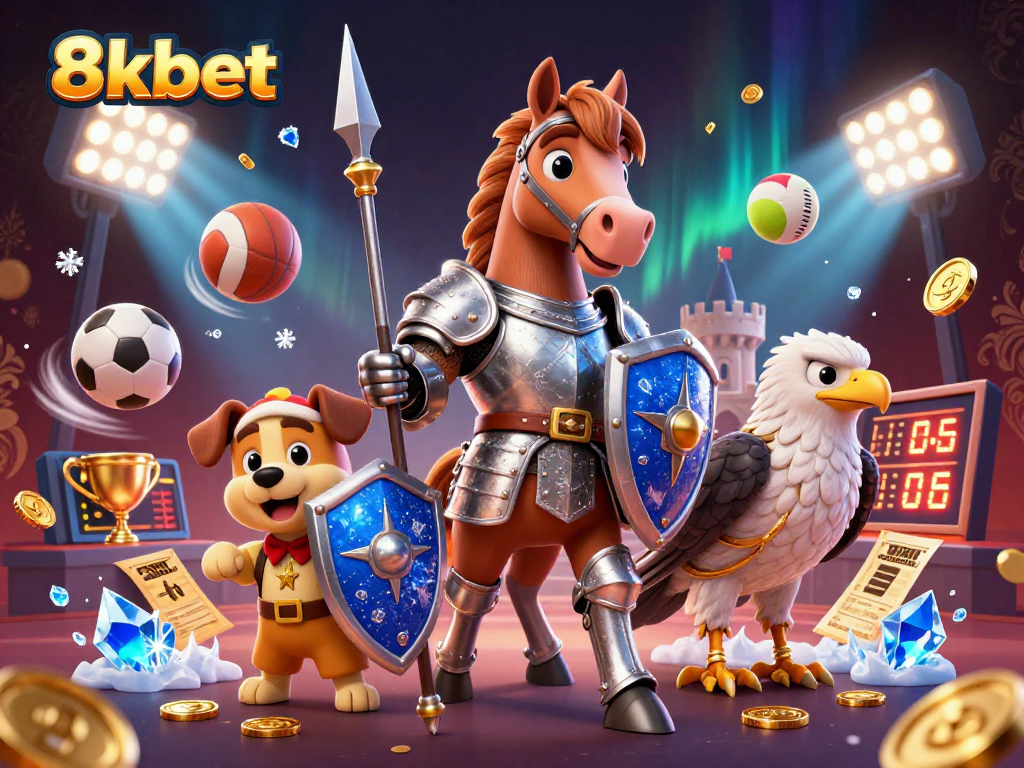 Experience thrilling gaming action at 8xbet with medieval knights and sports elements in a dynamic casino scene.