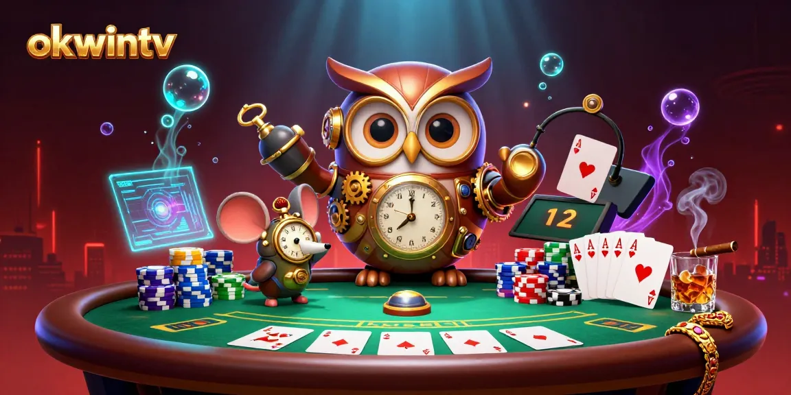 Experience thrilling poker action with okwintv's captivating time-traveler owl and clockwork mouse in a vibrant casino scene.