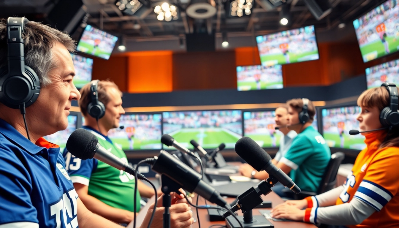 Engaging scene of sports broadcasting with announcers discussing live game coverage.