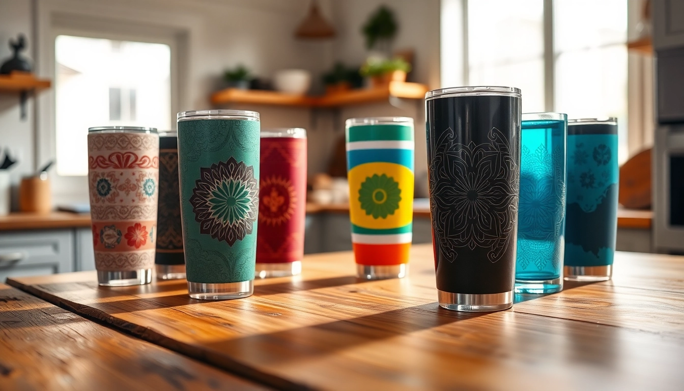 Engaging tumblers displayed on a rustic table showcasing their unique designs and vibrant colors.