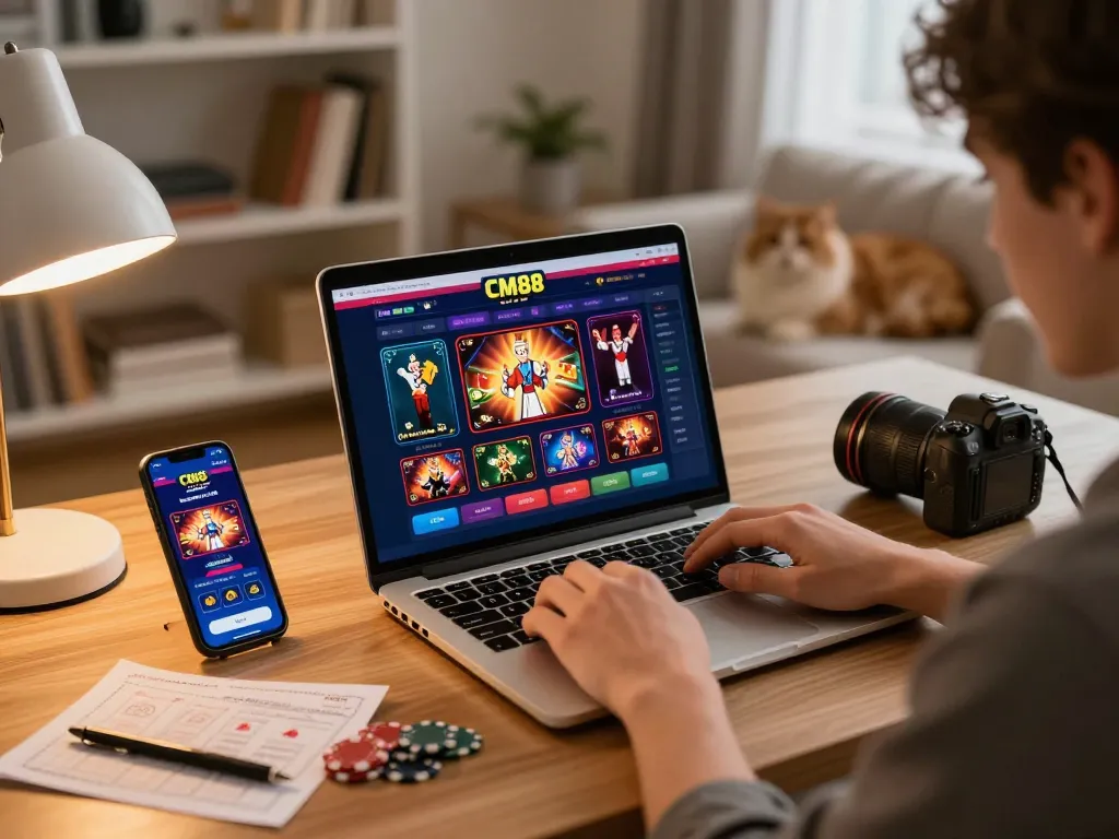 Player enjoying CM88 online casino gameplay on a laptop at home, showcasing a comfortable and engaging atmosphere.