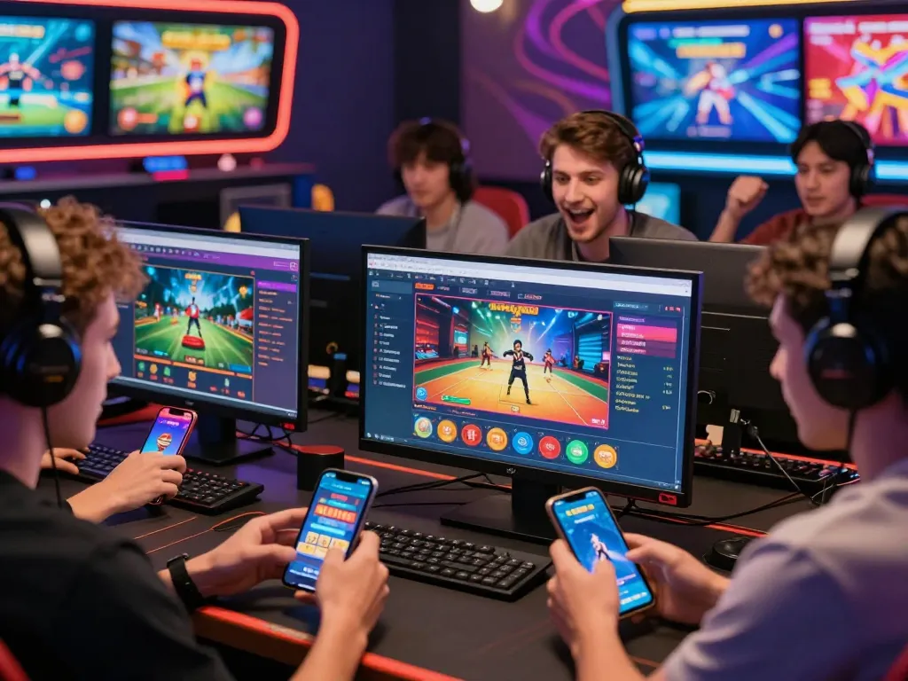 Participants enjoying the online betting experience at nhà cái Goal123 with multiple devices and engaging gaming atmosphere.