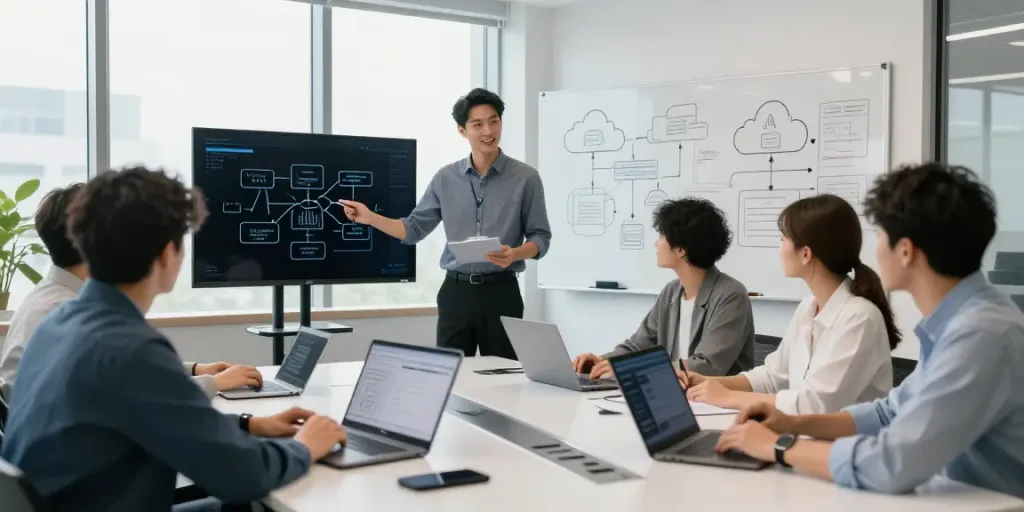 Collaboration on enterprise AI models in a modern workspace with diverse team members.