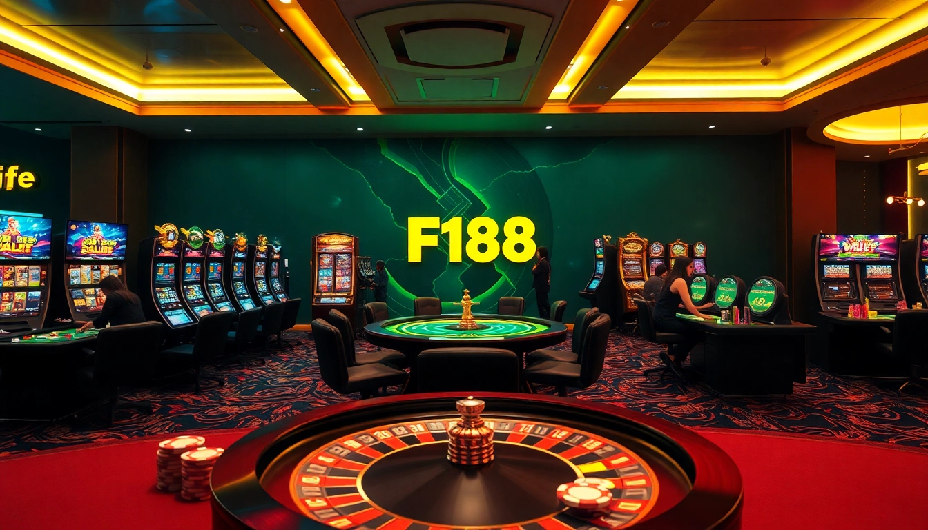 Engaging scene of Đăng Nhập F168, showcasing vibrant casino tables, slot machines, and live betting interfaces.