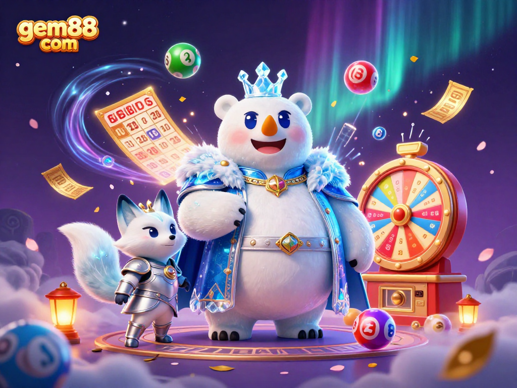 Experience the thrill at gem88 com with captivating lottery and bingo elements in a vibrant, dynamic scene.