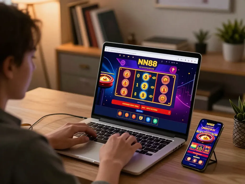 Player engaging with NN88 on laptop for an immersive online casino experience