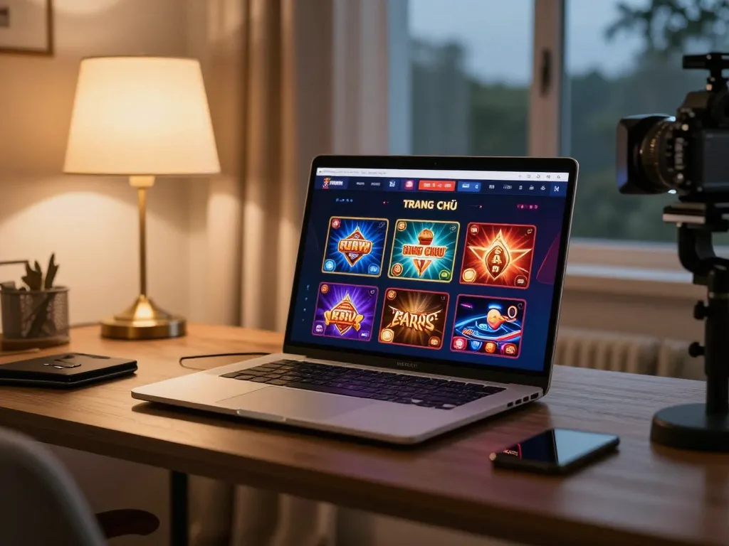 SUNWIN TRANG CHỦ with a sleek laptop showcasing exciting gameplay features in a cozy home gaming setup.