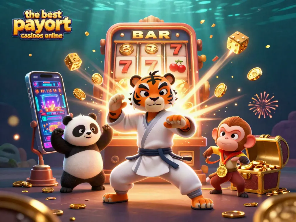 The best payout casinos online highlighted by a colorful casino scene with a kung fu tiger and playful characters.