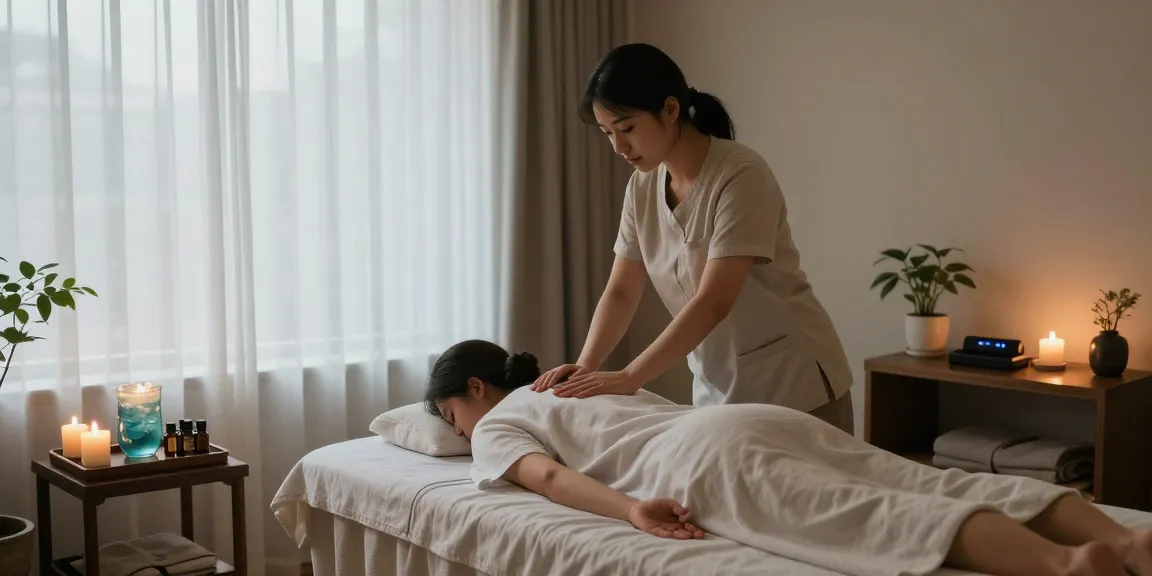 Relaxing 마포출장마사지 in a tranquil massage therapy room with calming decor.
