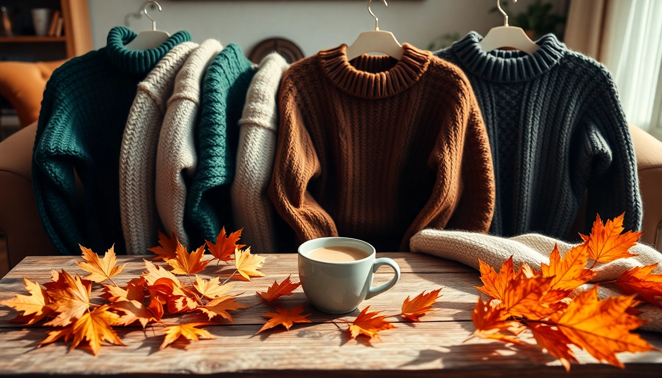 Featuring stylish jumpers displayed on a rustic table amidst autumn decor and coffee.
