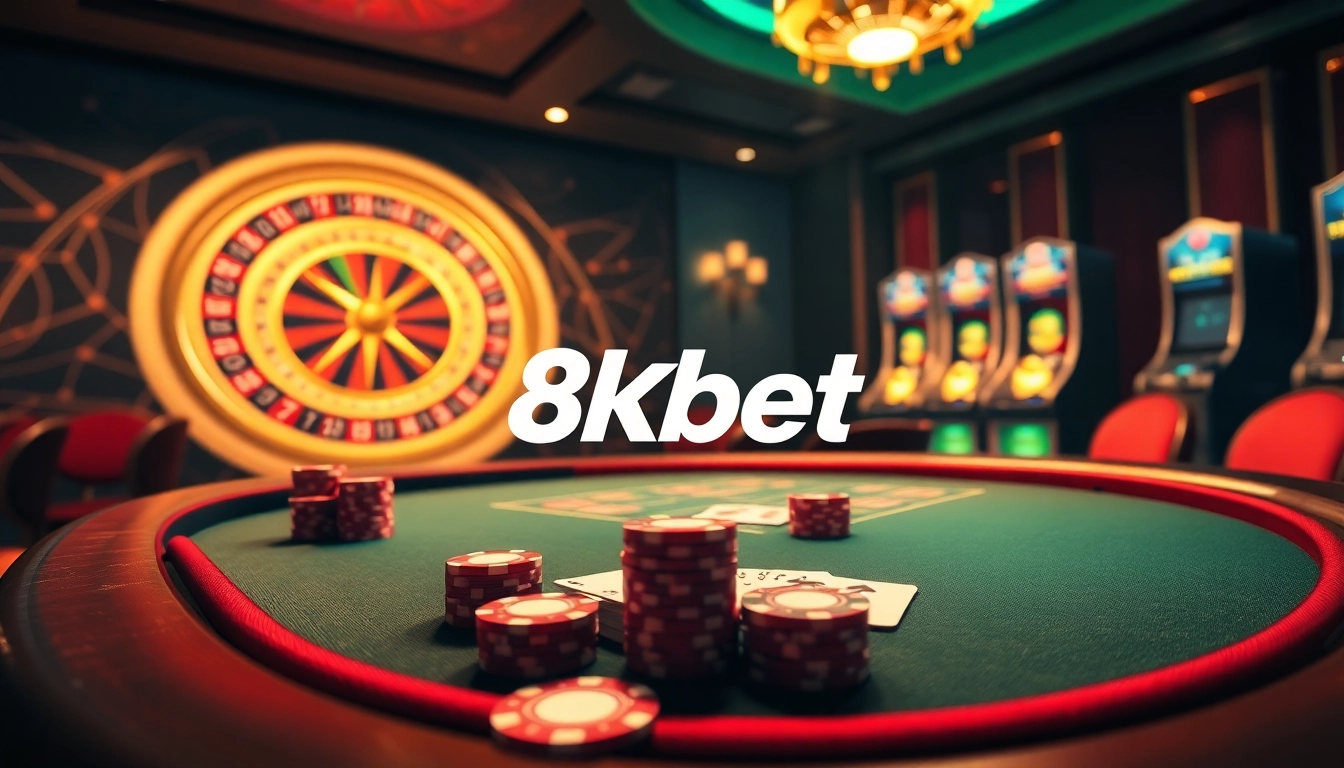 Experience the thrill of 8kbet with a luxurious poker table surrounded by casino excitement.
