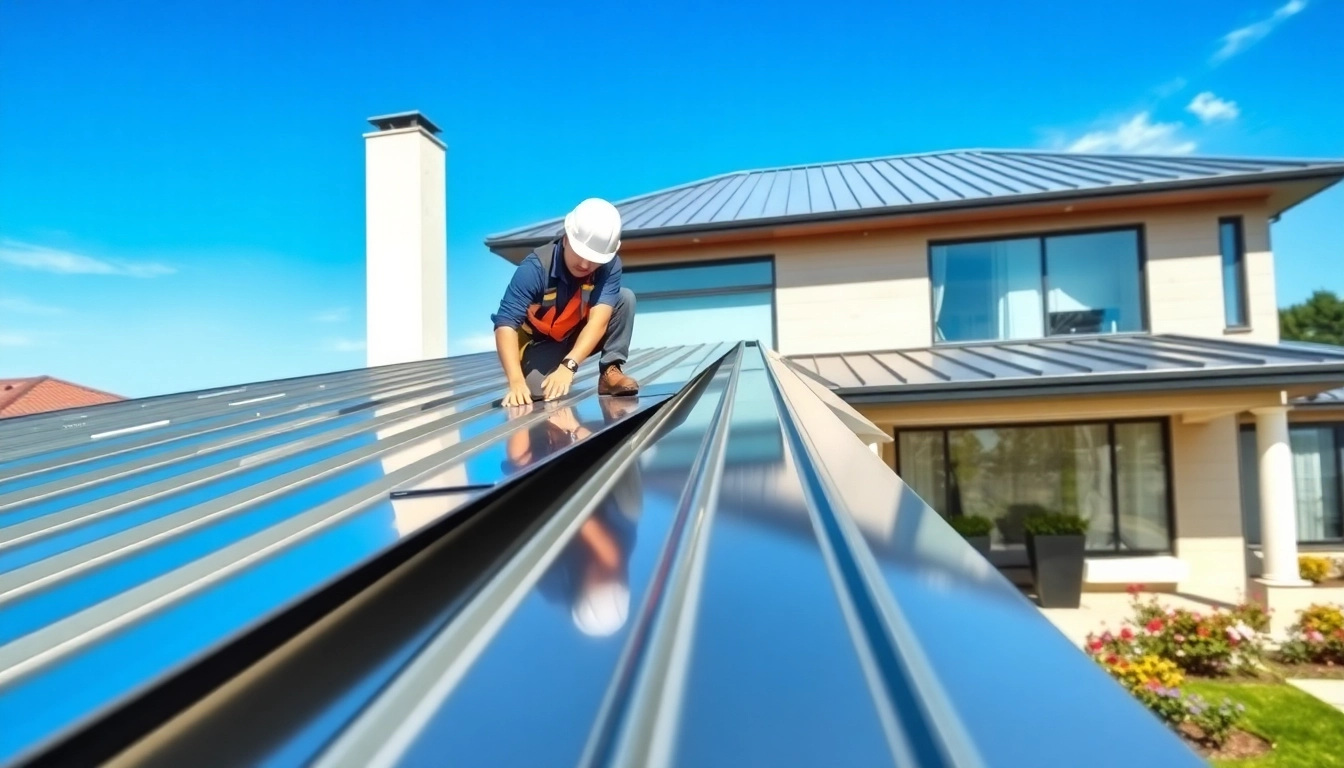 Metal roofing installation featuring a contractor working on a modern home.