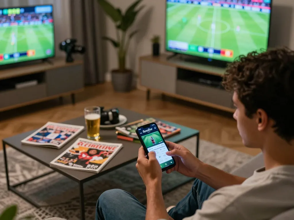 Socolive sports betting experience with a person using a smartphone, showing live odds and engaging gameplay.