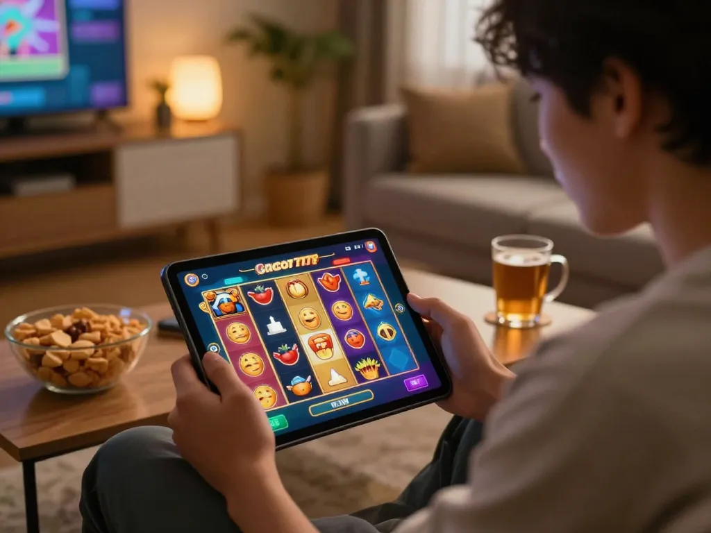 Engaging online gamer enjoying a slot gacor 777 experience in a cozy home setting, showcasing dynamic gameplay.