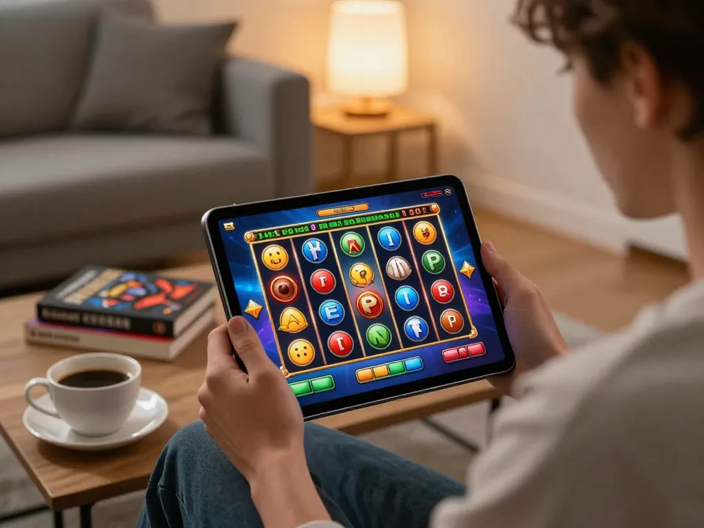 Engaged player enjoying the excitement of fly88 com slot games on a tablet in a cozy home setting.