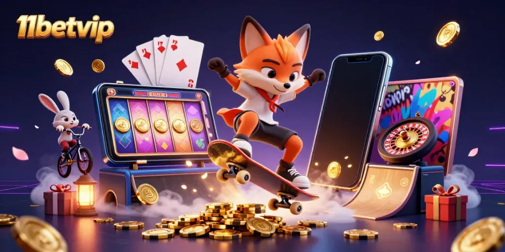 Engaging 3D scene of 11betvip featuring a playful skateboarding fox and BMX rabbit amidst vibrant casino elements and games, showcasing excitement.