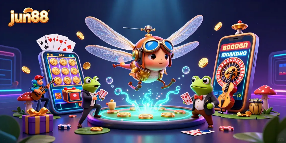 Engage with exciting games at jun88's vibrant casino scene featuring a dragonfly pilot and frog croupier.
