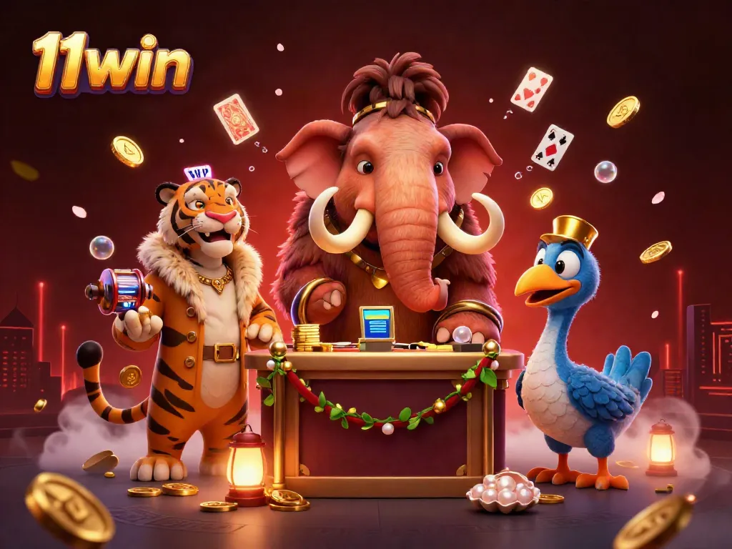 Experience the vibrant atmosphere of 11win as a woolly mammoth bouncer checks IDs for VIP guests in an extravagant casino setting.
