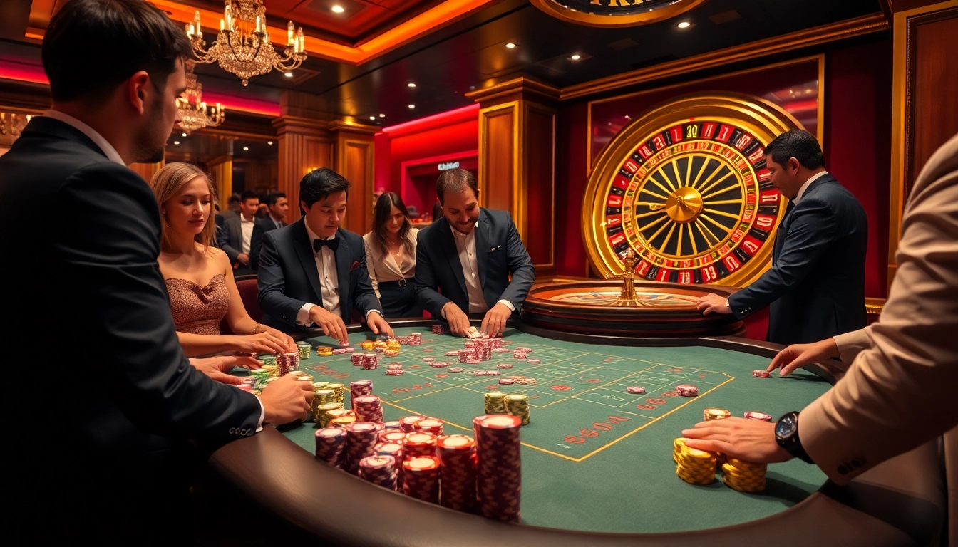 Cakhia players strategizing at a vibrant poker table, showcasing excitement and luxury in gambling.