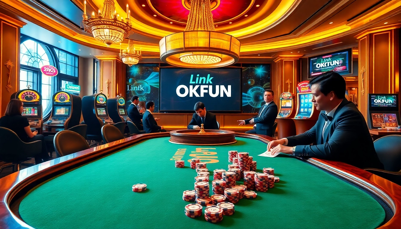 Engage in thrilling casino action with Link OKFUN at a vibrant poker table, featuring chips and live games.