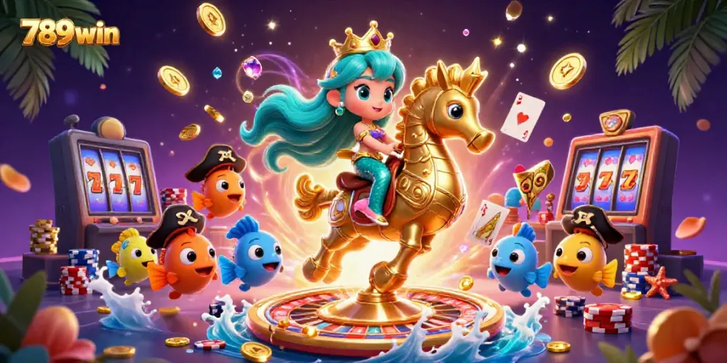 Experience the thrill of 789win with a vibrant 3D casino scene featuring a mermaid, golden seahorse, and lively gaming elements.