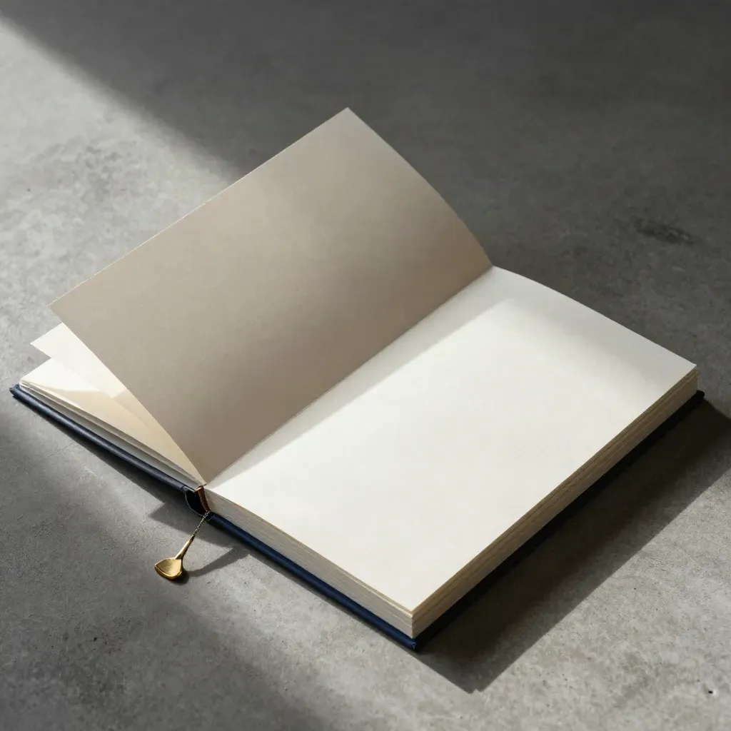 Overhead flatlay of a cream growth-audit folio with blank inserts, tabs, and a brass clip on concrete.
