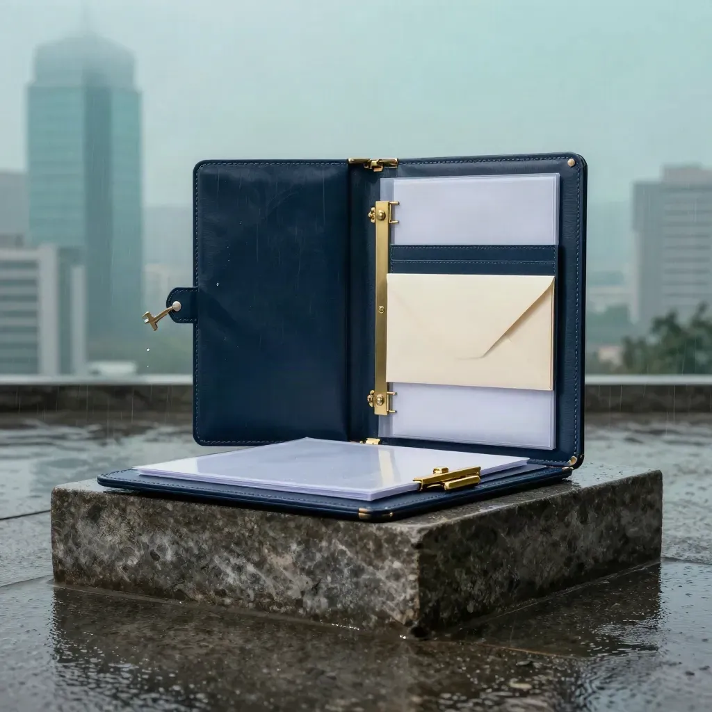 Open audit-kit portfolio case on rain-dark stone at dawn, with blank inserts and misty city glow.