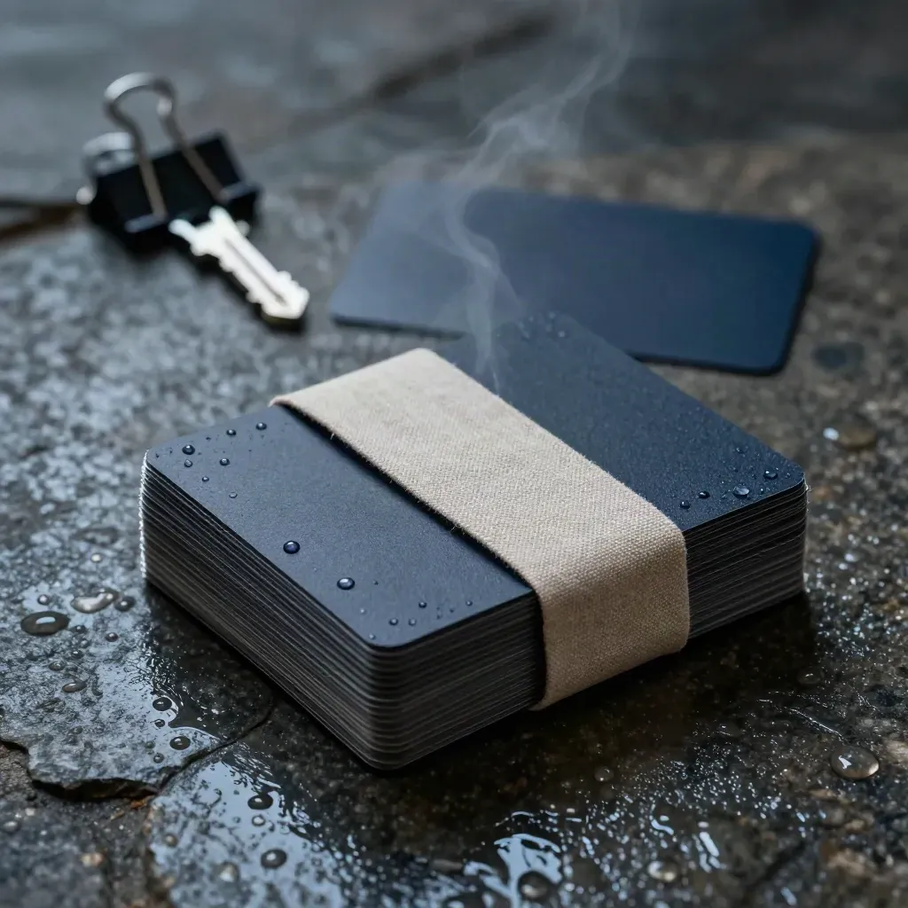 Blank cards bound with a black clip tipping on wet stone with linen and mist