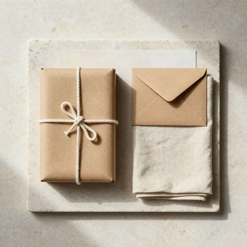 Kraft lead kit flatlay with cord tie, envelope sleeve, and folded linen on travertine.